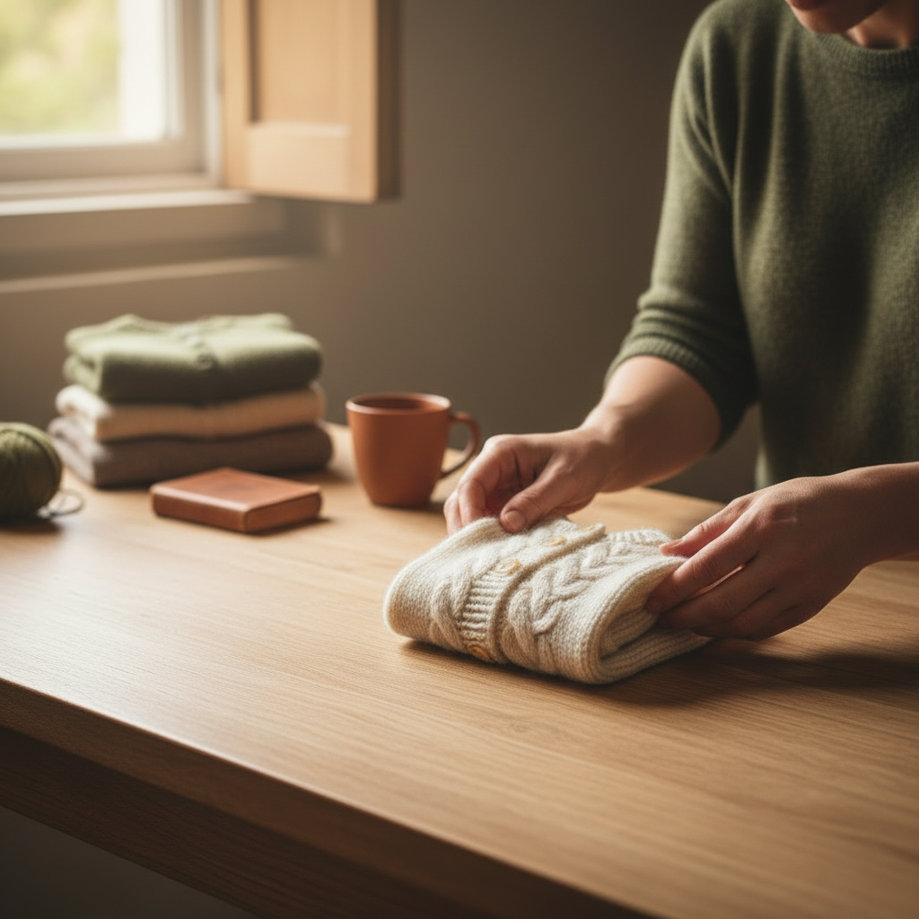 Mãos a preparar cuidadosamente uma peça em tricot para uma nova vida